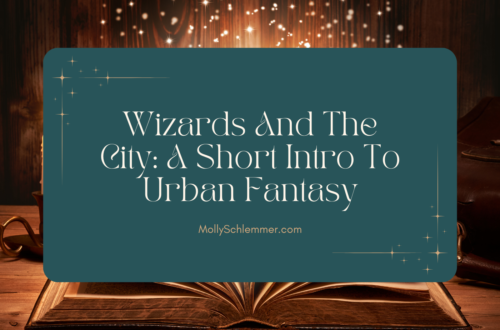 A turquoise rectangle sits in the center of a magical book, with the post title "Wizards And The City: A Short Intro To Urban Fantasy" in the center of the rectangle.
